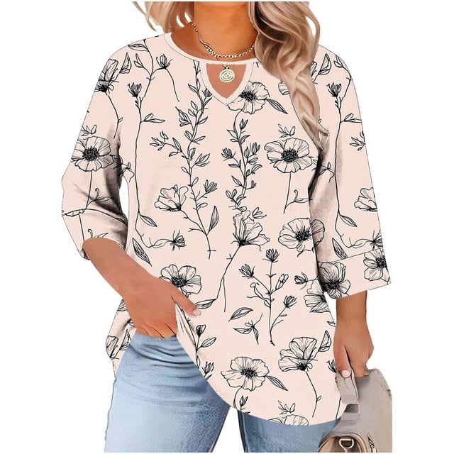 T-Shirt à Col Rond pour Femme Grande Taille, Découpes à l'Avant Manches Raglan Trois-Quarts, Blouse Décontractée Coupe Ample avec Imprimé Unique, Haut Respirant pour l'Été, Tenue Quotidienne