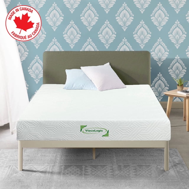 ViscoLogic Infinity 10 inch Twin Mattress for Kids and Adults, CertiPUR-US certified, shown on a bed frame in a modern bedroom. The mattress has a white geometric-patterned cover and offers medium-firm support with cool gel memory foam for pressure relief and temperature regulation. A 'Made in Canada' badge is visible in the corner.