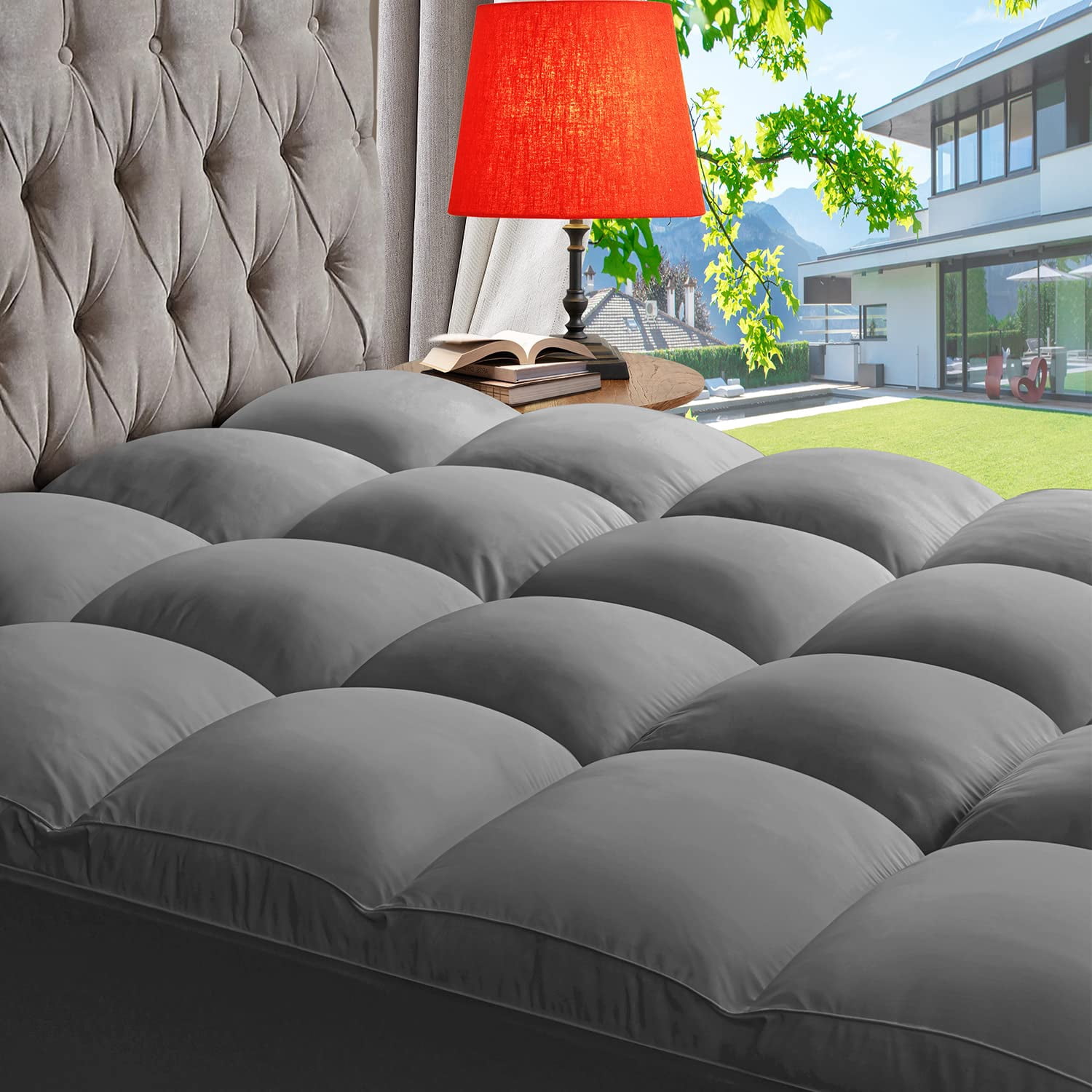 ABENE Full Cooling Mattress Topper for Back Pain Relief Extra Thick Mattress Pad Pillowtop Soft Mattress Protector Cover with 8""-21"" Deep Pocket Overfilled Down Alternative Filling Grey
