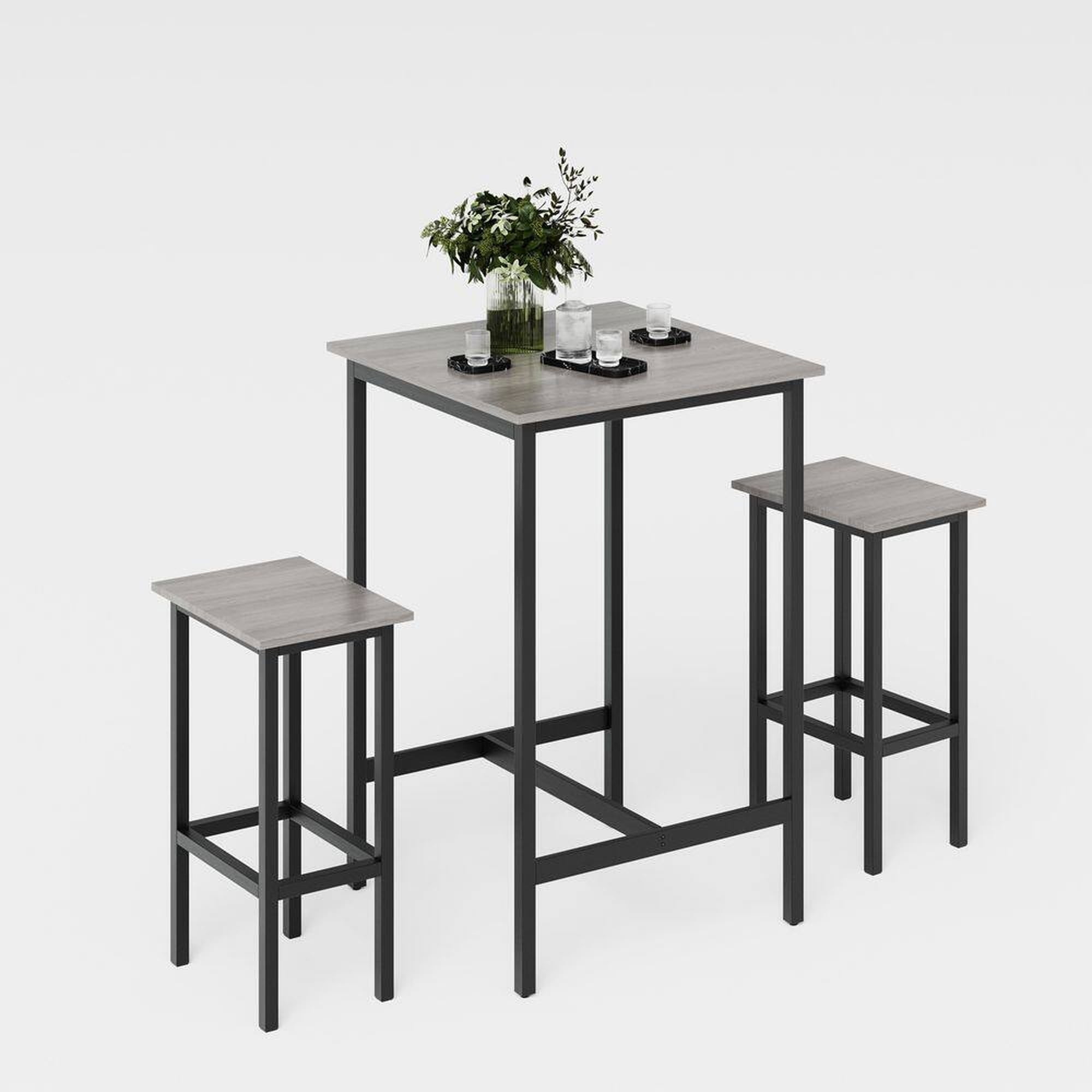3-Piece Bar Table Set with 2 Stools, Space-Saving Pub Dining Set, Metal Frame with Grey Wood Top for Kitchen, Apartment & Home Bar