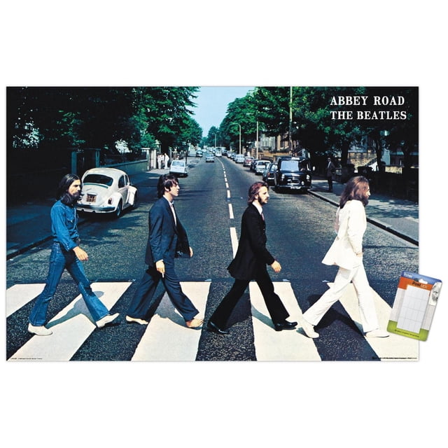 The Beatles - Abbey Road Wall Poster, 22.375" x 34", depicting four men walking across a zebra crossing on a tree-lined street with parked cars, featuring 'ABBEY ROAD THE BEATLES' text in the upper right, printed on glossy paper suitable for home décor and wall art.