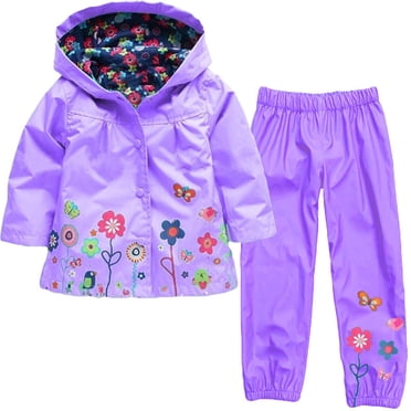 LSLJS Kids Rain Jacket, Toddler Baby Girls Long Sleeve Floral Coat Rainproof Hooded Jacket Trousers Suit( Purple, 4 Years)