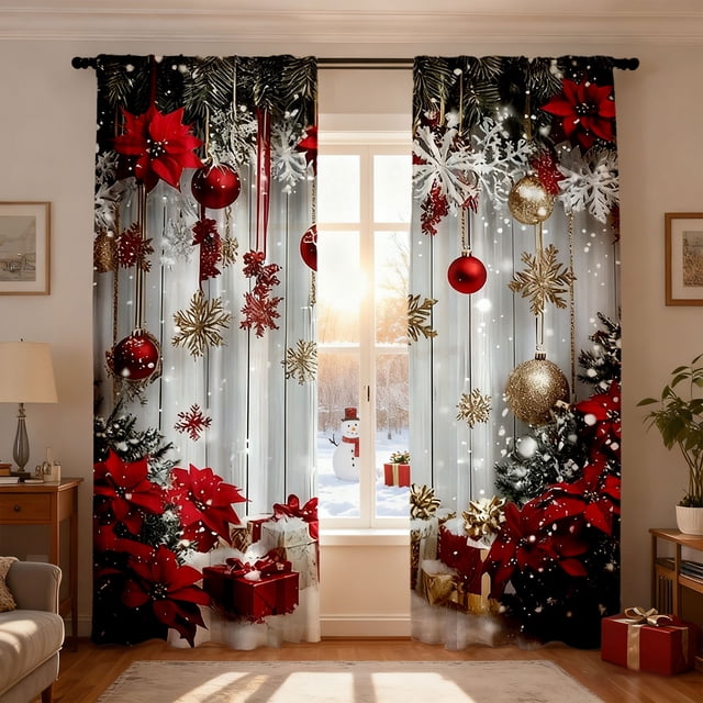 Holiday Printed Curtains 2 Piece Of 2D Flat Printed Red Printed Curtains With Snowflake And Patterns Suitable For Bedroom Living