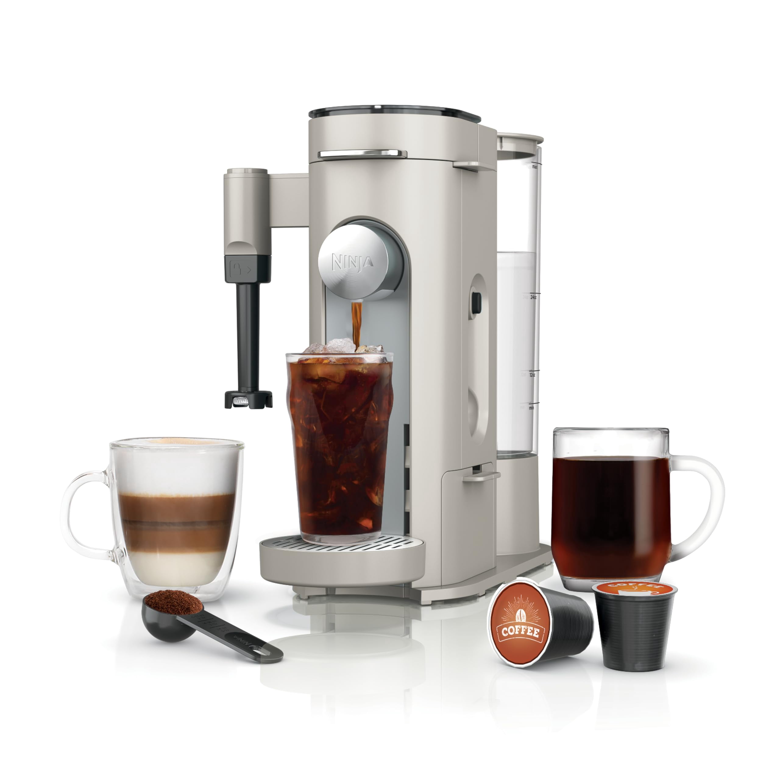 Ninja Pod & Grounds Specialty Single-Serve Coffee Maker K-Cup Pod Compatible Brews Grounds Compact Design Built-In Milk Frother 56-oz. Reservoir 6-oz. Cup to 24-oz. Mug Sizes Stone PB051ST