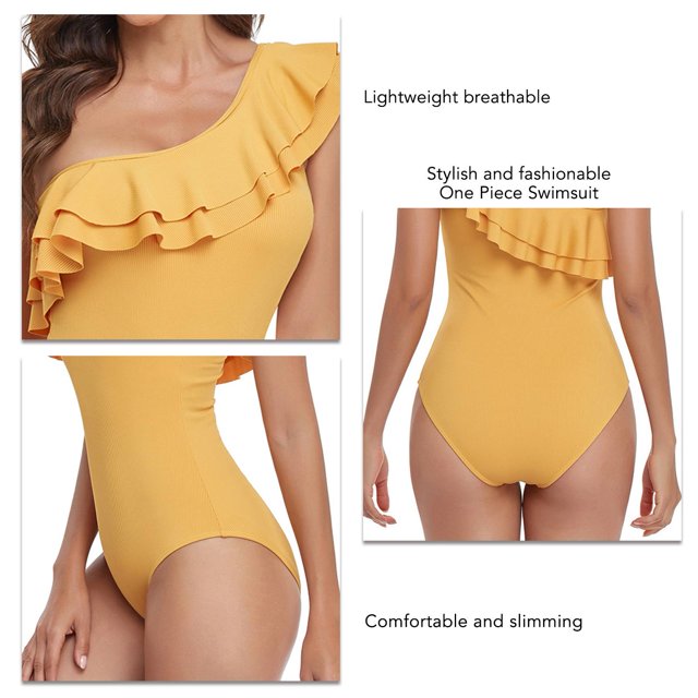 Ruffled Bathing Suits, Pure Color One Piece Swimsuit One Shoulder Asymmetric For Women For Vacation Yellow XXL