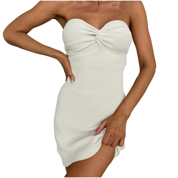 Lovskoo 2024 Women Summer Dresses 2023 Sun Dresses Summer Casual Slim High Stretch Wool Knit Tube Top Dress White