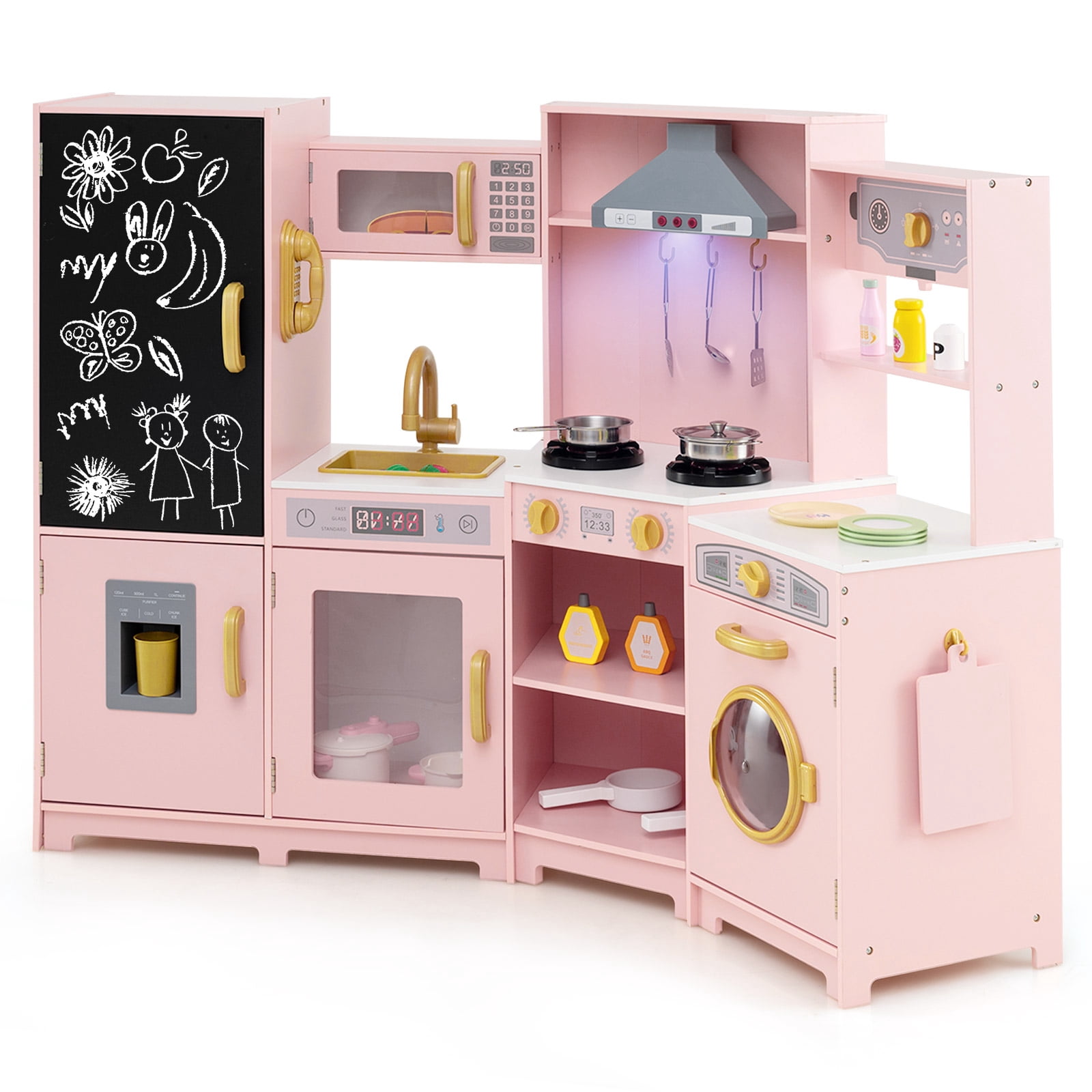 Patiojoy Corner Wooden Play Kitchen with Lights & Sounds Large Pretend Play Kitchen Set Pink