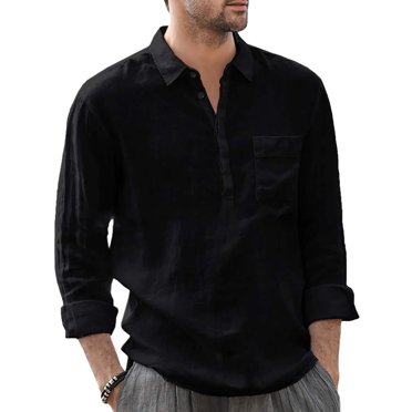 RKSTN Long Sleeve Tee Shirts for Men 100%Cotton Casual Solid Color V-Neck Tops Turndown Collar Pullover Blouse Tops with Pockets