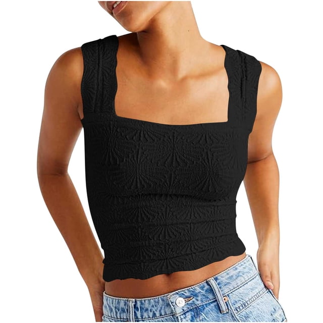 LSLJS Womens Summer Solid Tank Tops Neck Crop Tops Flower Spring Going Out Tops Slim Crop Cami Wide Straps Sleeveless Shirts Top, Womens Tank Tops
