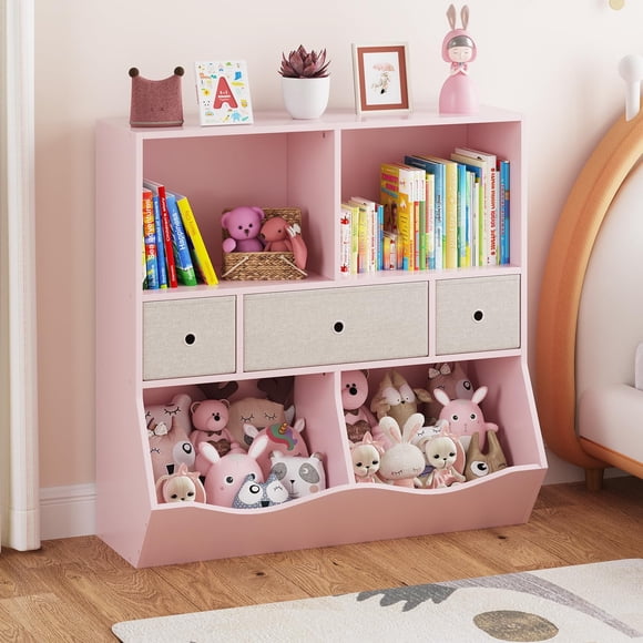 TROPOW Toy Storage Organizer,Kids Bookshelf and Toy Storage Organizer with 3 Movable Drawers, Floor Storage Cabinet Toy Chest with 4 Cubbies, Multifunctional Storage Chest for Nursery,Pink