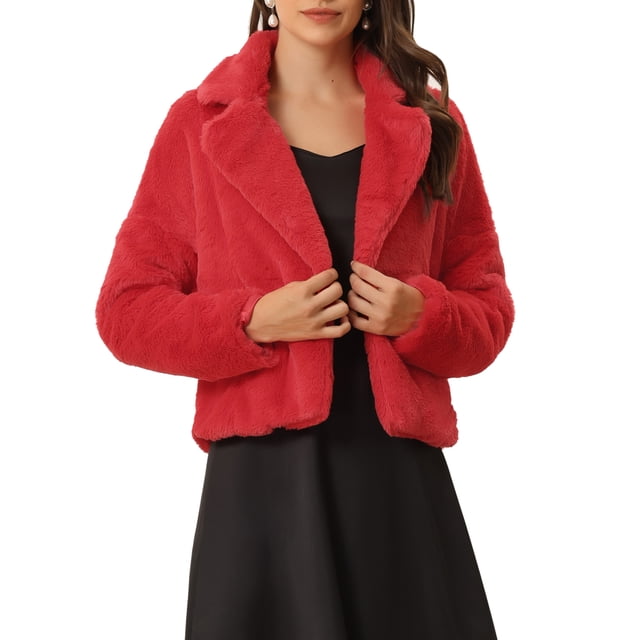 INSPIRE CHIC Women's Notch Collar Long Sleeve Open Front Faux Fur Fluffy Cropped Jacket Red S
