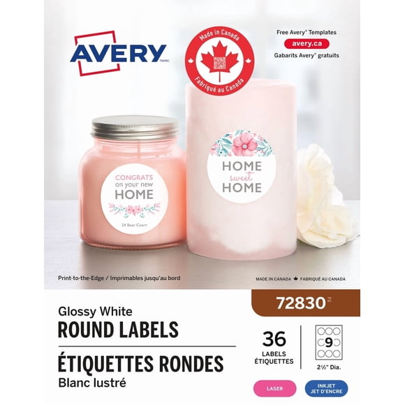 Avery Étiquettes rondes blanc lustré, 2½" de diamètre, adhésif permanent, pour imprimantes laser et à jet d’encre - 72830