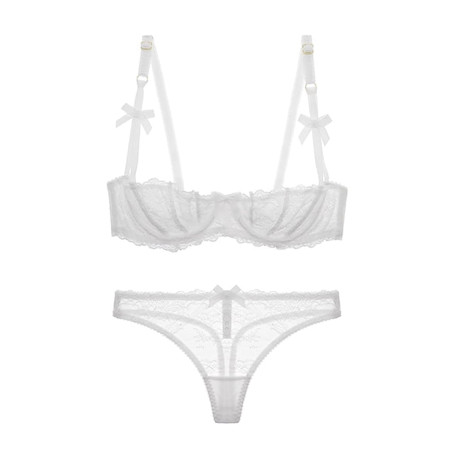 Varsbaby Unlined Balconette Demi-Cup Underwire Lace Bra and Thongs