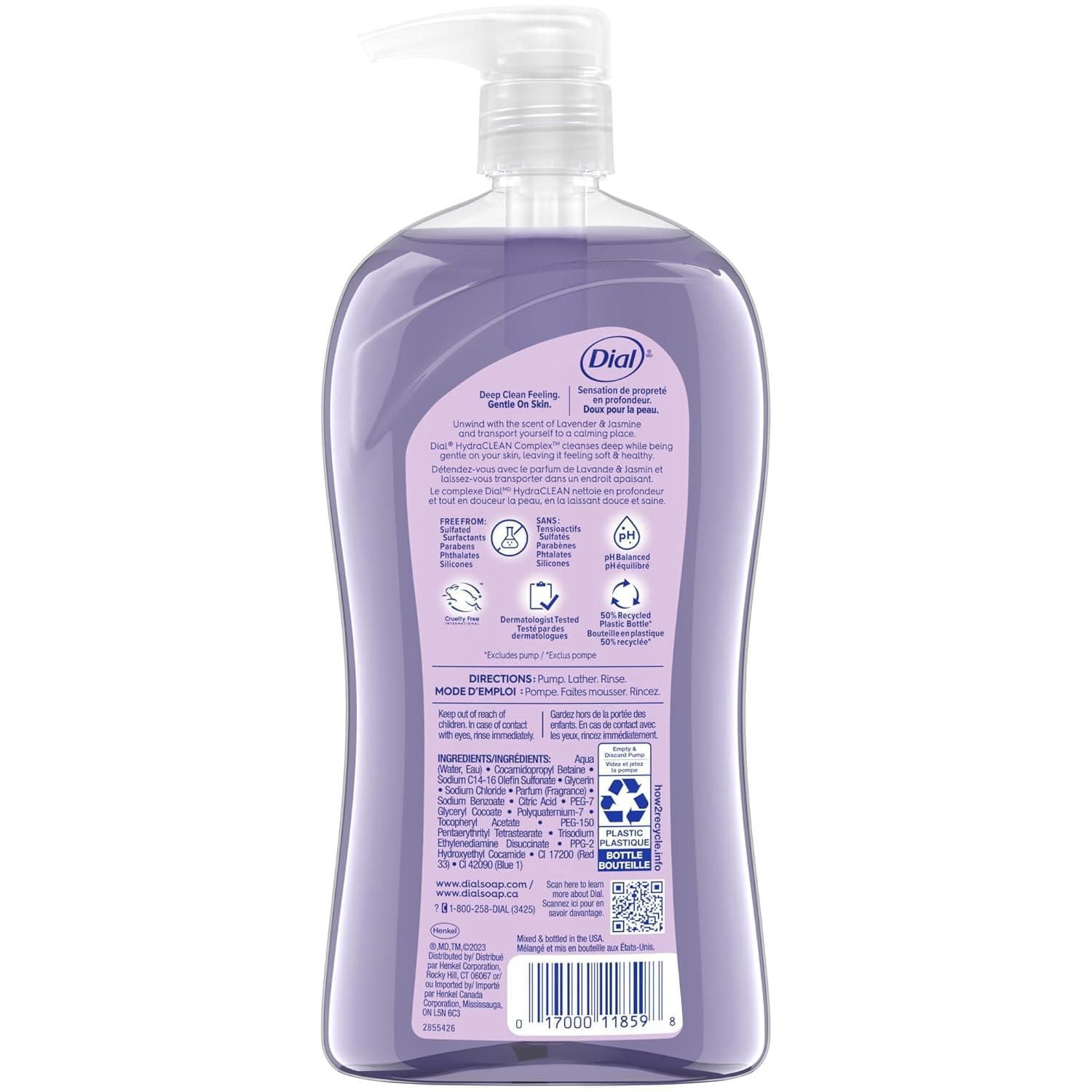 Dial Lavender & Jasmine Soothing Body Wash, 946ml, Dermatologist Tested, Free from Silicones, Parabens, Phthalates, SLS