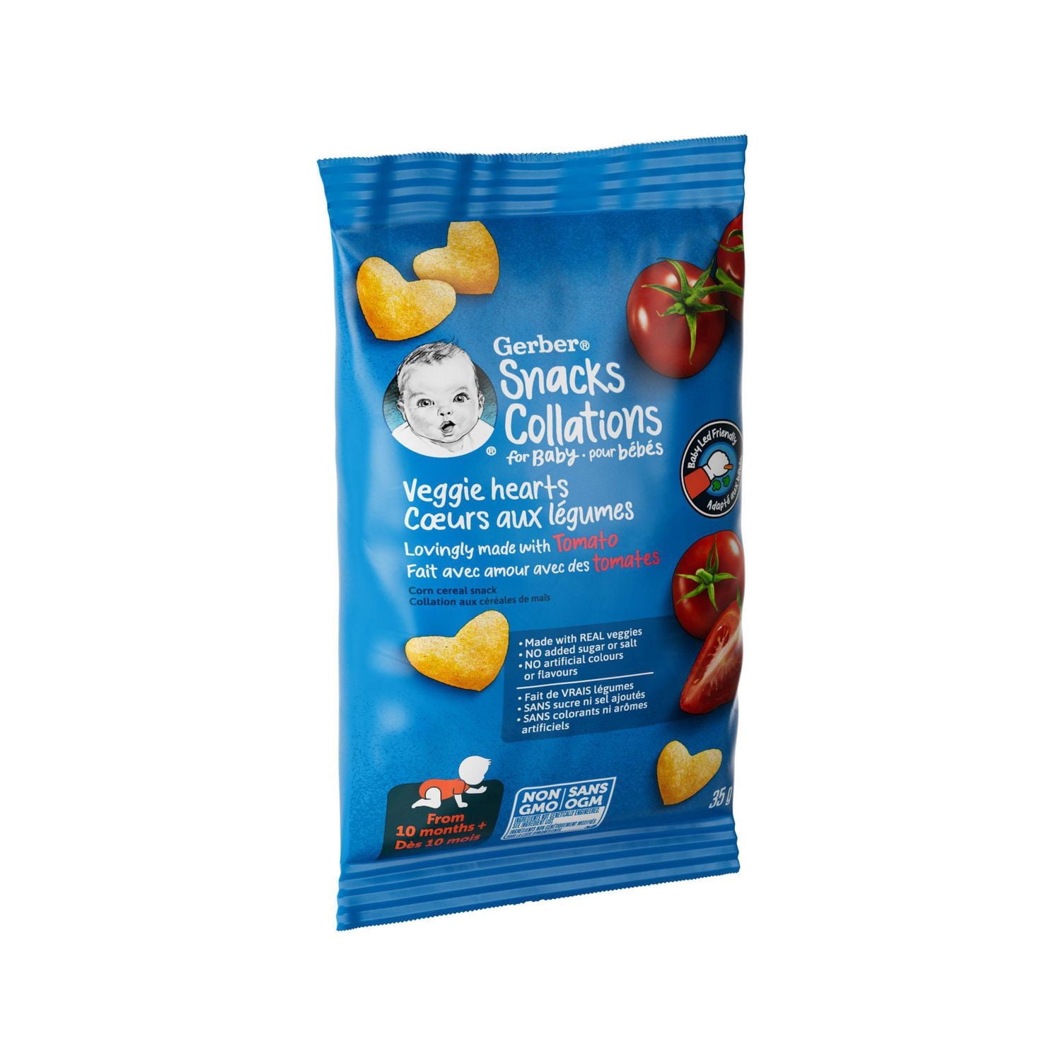 GERBER Cœurs aux légumes à la tomate, collations pour bébés, dès 10 mois, source de vitamine B1, de fer et de zinc, 3 g de grains entiers, sans colorants ni arômes artificiels, sans suc