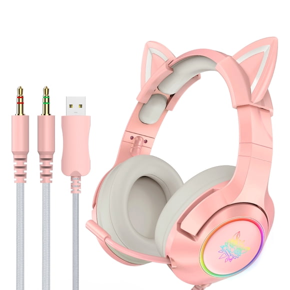 ONIKUMA ONIKUMA K9 Casque de Jeu avec Oreilles de Chat Détachables, Éclairage RVB et Connectivité Double 3,5 mm+USB en Rose