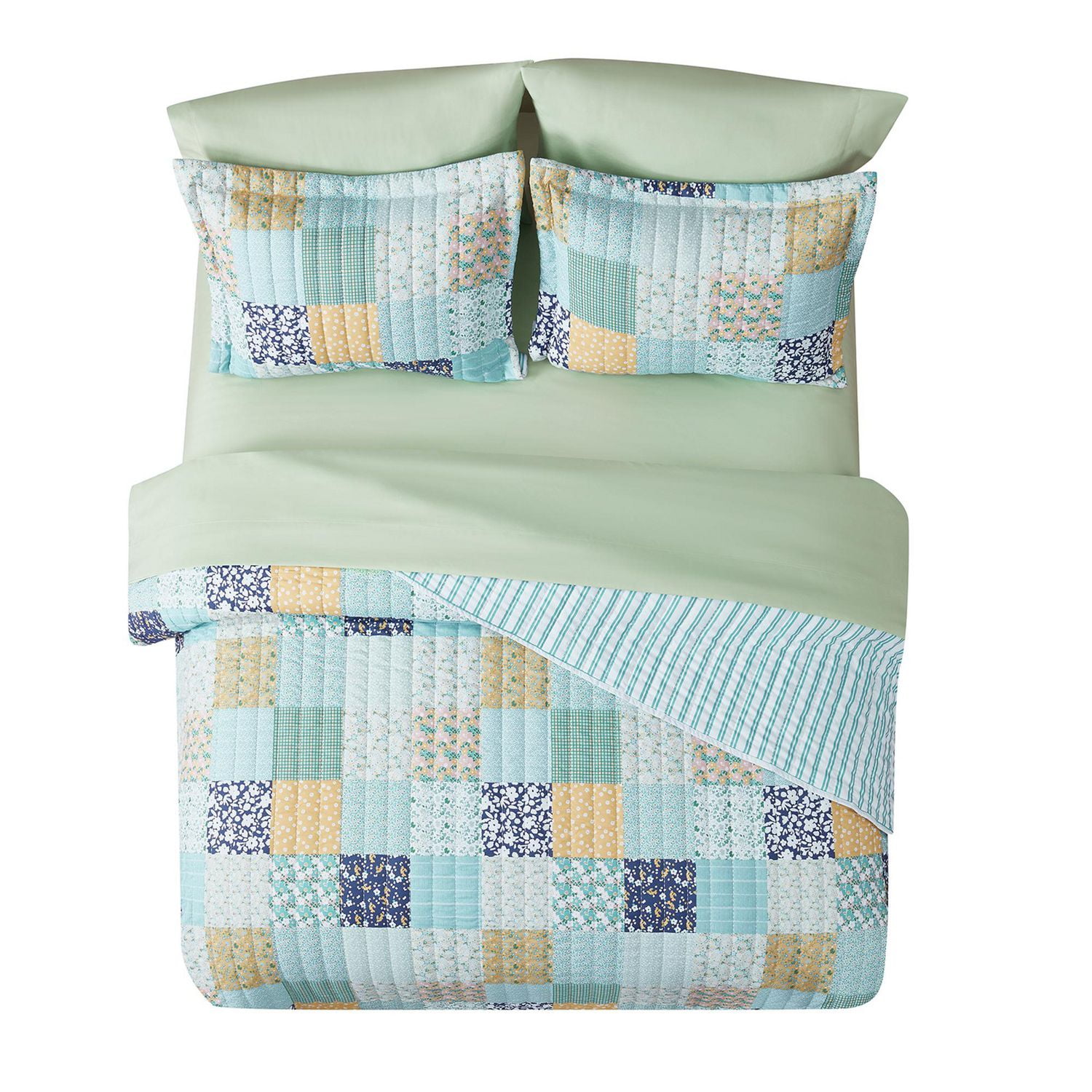 Mainstays Ensemble courtepointe et drap-housse légers tout-en-un - 7 pièces, Lit 2 PL, Patchwork