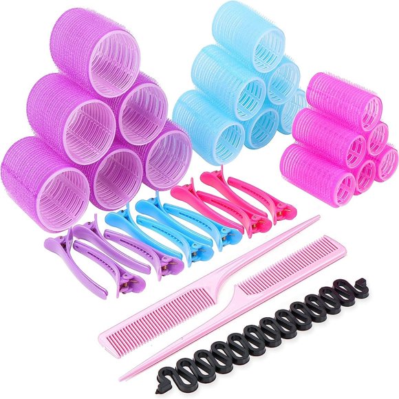 LNGOOR 33 Pcs Hair Rollers 18 Self Grip Velcro Rollers For Hair Volume 44mm 36mm 25mm 12 Duckbill Sectioning Clips 2 Combs 1 Braid For Salon Hair Dressing And Styling
