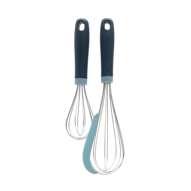 Thyme and Table 2pc Scrape Whisks set with two stainless steel wire whisks featuring dark blue ergonomic handles embossed with the brand name and light blue silicone scrapers for mixing, folding, and scraping bowls and pans, suitable for versatile kitchen use.
