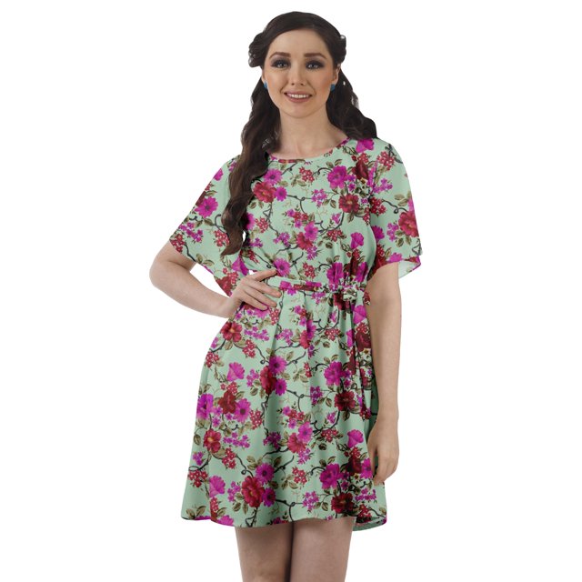 Moomaya Robe d'Été Courte Évasée à Manches Cloche en Georgette Mousse Imprimée pour Femmes