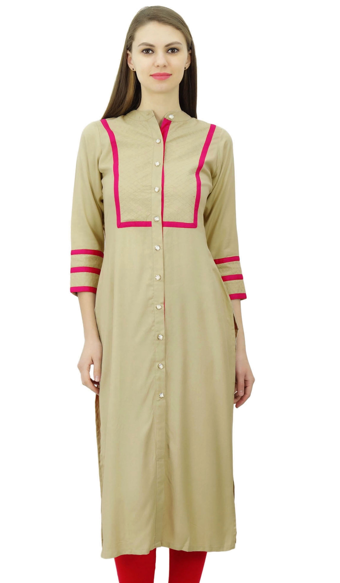 Phagun Womens Rayon Straight Tunic Kurta Open Front Kurti Mandarin Collar Indian Top