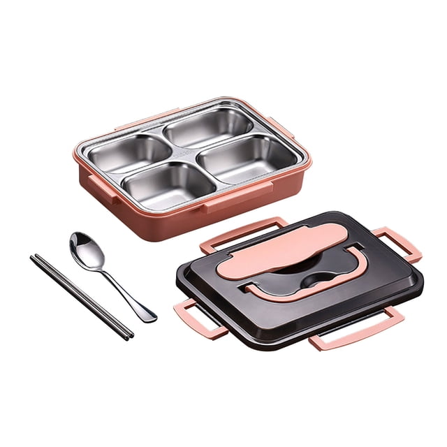Stainless Steel Bento Lunch Box Thermal Insulation Bento Box Tableware Set Portable Lunch Box Student Lunch Box. The image shows a pink and black bento box with four stainless steel compartments, a plastic outer shell, and a lid with a phone stand feature. Includes a stainless steel spoon and chopsticks. Made of 304 stainless steel and PP material, suitable for microwave use with the plastic shell. Designed for thermal insulation and convenient food storage.
