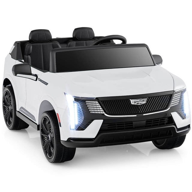 Costway 2 Seater Ride on Truck with Remote Control in white, featuring a sleek design with LED headlights, a black grille, and two spacious seats with safety belts. This battery-powered electric car is equipped with a 24V rechargeable battery, dual 65W motors, and adjustable speeds of 1.9-3.7 mph. It includes a parent remote control, 4-wheel spring suspension, and a slow-start mechanism for a secure and smooth ride. Additional features include built-in music, stories, a USB port, wireless connection, and a hidden charging port. Suitable for children aged 3+ years.