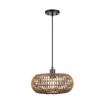 Globe Electric Pendentif suspendu en métal à 1 lumière de la collection Trancoso par Novogratz x Globe Electric, abat-jour en rottin, prise noire, cordon de suspension en tissu noir, 61063