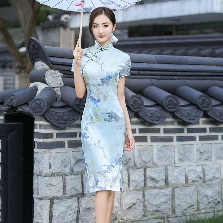 short asian dress New Luxurious Satin Chinese Red Blossom Short Dress Cheongsam Qipao lcdress140