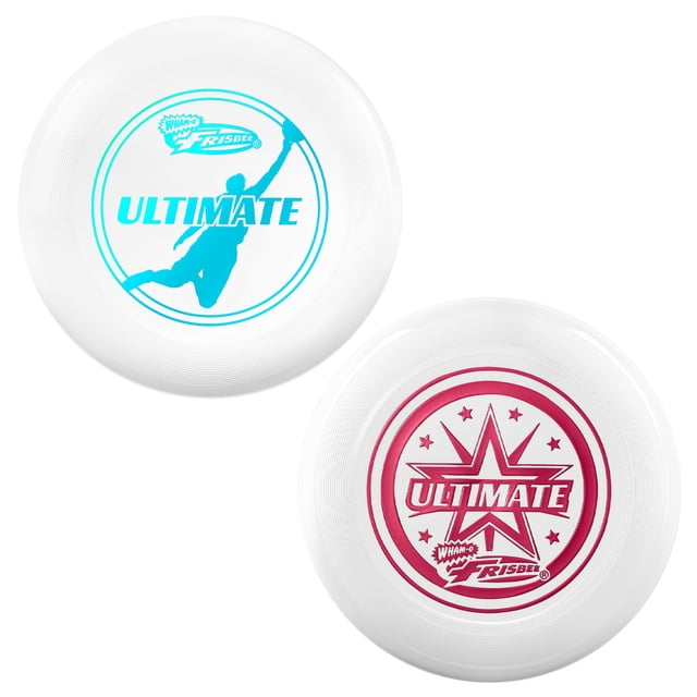 Wham-O Frisbee Official Ultimate 175g Flying Disc, 10.75 Inch, 2 Pack. The image shows two white flying discs, one with a blue silhouette design and 'Ultimate' text, and the other with a red star-themed design. Made from durable PE material with a non-slip grip, these discs are ideal for professional Ultimate competition, training, and outdoor fun in parks, arenas, or beaches.
