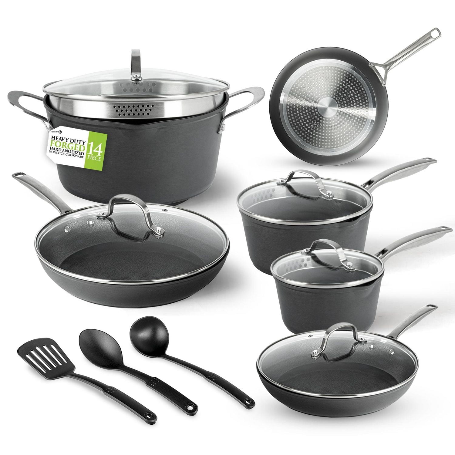 Granitestone Armor Max Black 14 Piece Hard Anodized Nonstick Cookware Set Dishwasher Safe