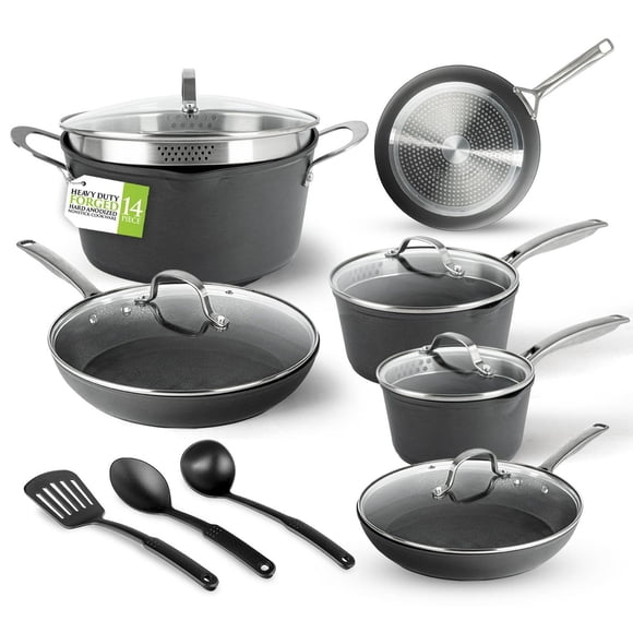 Granitestone Armor Max Black 14 Piece Hard Anodized Nonstick Cookware Set Dishwasher Safe