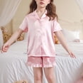 thumbnail image 3 of BLVB Girls Pajamas Satin Pajama Set Silk Pjs Short Sleeve Button down Shirts Summer Ruffle Sleepwear for Big Kids 5-15Y, 3 of 6