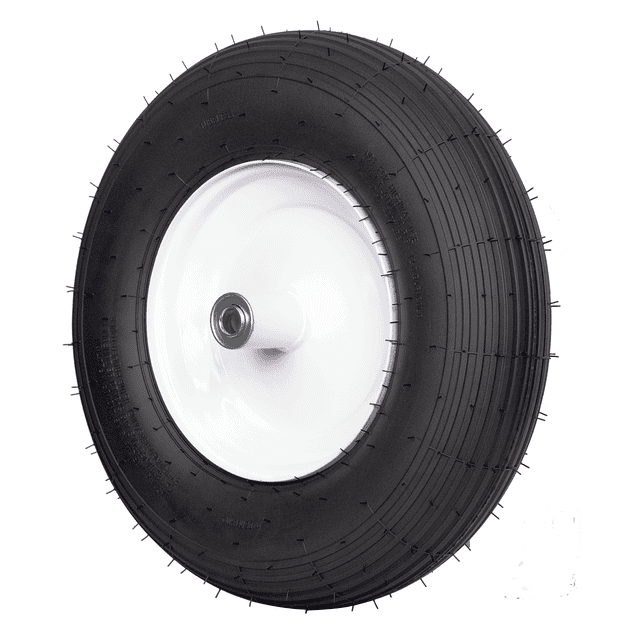 Ensemble de Pneus de Brouette, 4,00-6 Pneu à Nervures 4PR et Roue Montrant une Vue Orientée vers l'Avant d'Un Pneu à Bande de Roulement à Nervures Noir Monté sur une Roue en Acier Blanche avec un Roulement de Moyeu central, Conçu pour les Brouettes et les Petits Équipements de Pelouse avec une construction à 4 Plis pour la Durabilité et l'Adhérence sur Diverses surfaces, Convient Aussi aux Chariots de Jardin.