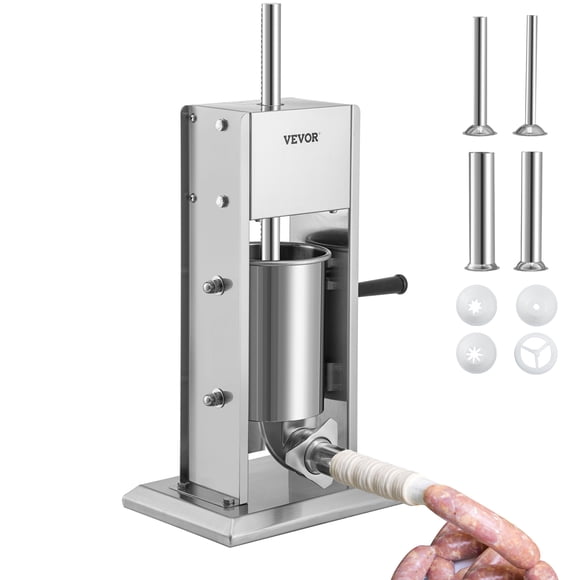 VEVOR Manual Sausage Stuffer, 5lbs/3L Capacity, Two Speed 304 Stainless Steel Vertical Sausage Stuffer, Sausage Filling Machine with 4 Stuffing Tubes, Suction Base for Household or Commercial Use