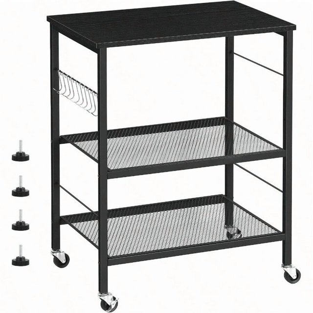 Bakers Rack Microwave Stand Cart With Storage Small Kitchen Island On Wheels Black Coffee Bar Cart 3 Tier Kitchen Shelf Stand With 10 Hooks Printer Table For Living Room Bedroom Office