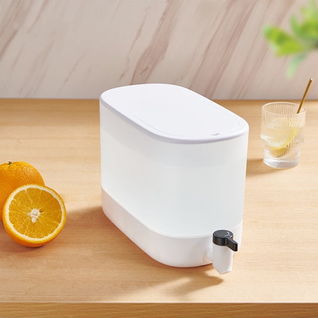 4L Food Grade Plastic Water Dispenser with Built-in Faucet, Refrigerated Container for Iced Tea and Lemonade, Slim White and Gray Design, Fits Refrigerator Door