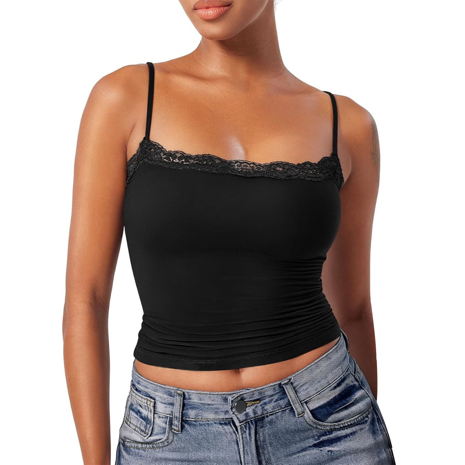 Black Tank Top Woman Lace Top Double Lined Sexy Tank Top Spaghetti