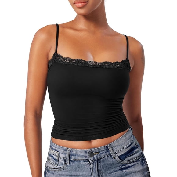 Black Tank Top Woman Lace Top Double Lined Sexy Tank Top Spaghetti Strap Club Shirt Square Neck Sexy Vest - Hontri