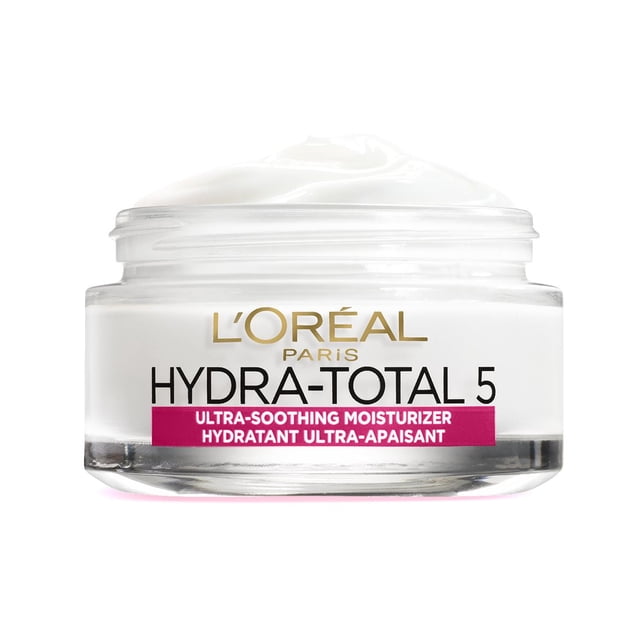 L'Oreal Paris Hydra-Total 5 Ultra-Soothing Moisturizer in a clear glass jar with white cream, featuring gold and black branding and a magenta label, offering 24-hour hydration and soothing for dry to sensitive skin with ceramides and omega 3 and 6.