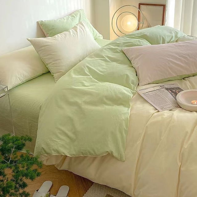 Washed Cotton Style 4-Piece Bedding Set Full/Queen Size Reversible Comforter Cover with Pillowcases Breathable Soft Bed Set for Dorm Room Home Decor