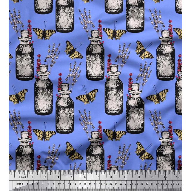 Soimoi Blue Moss Georgette Fabric Insect,Lavender & Vintage Bottle Print Sewing Fabric BTY 42 Inch Wide