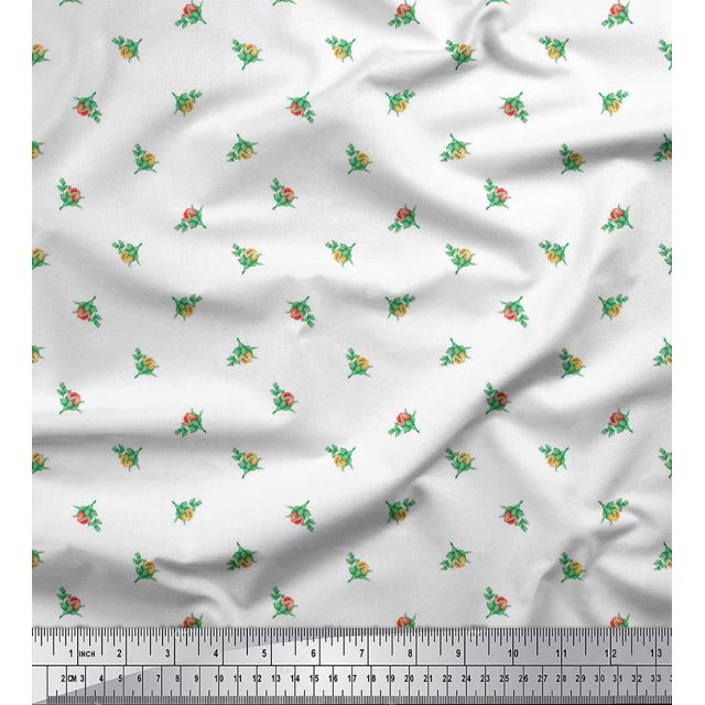 Toile de Coton Imprimée Fleurs Feuilles & Boutons par Yard 56 Pouces de Large