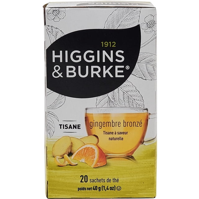 a2zchef Higgins & Burke Ginger Ginseng Tea Case containing 6 packs of tea bags. The packaging features a vibrant design with a cup of golden tea, ginger slices, and an orange wedge on a green background. The text highlights 'gingembre bronzé' and 'tisane à saveur naturelle' in French, with 20 tea sachets per pack, weighing 40g (1.4 oz).