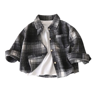 Chemises Garçons Été Manches Longues Chemise en Flanelle à Carreaux Chemises Boutonnées Vêtements Décontractés Bébé Garçon Noir 5-6 Ans