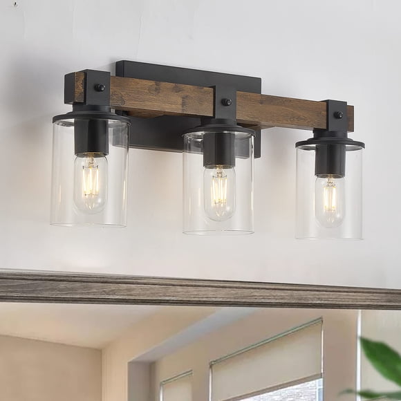 DUJAHMLAND Farmhouse Vanity Light Fixture,3-Light Bathroom Wood Wall Light Over Mirror with Clear Glass Shade, Rustic Vintage Wall Sconce Lighting.(A