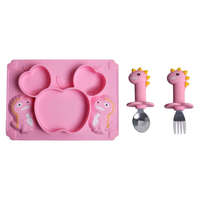 mmirethe Easy To Clean Baby Silicone Tableware Set Made With Silicone And Stainless Steel For Encourages Pink 2 1Set