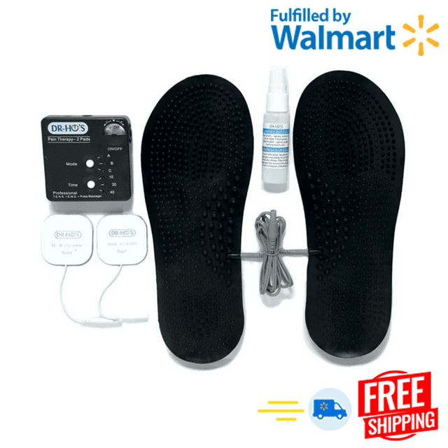Dr-Ho's Foot and Leg Pain Therapy in black, featuring textured foot pads, a control unit with adjustable settings, electrode pads, connecting wires, and a spray bottle. This leg massager uses TENS, EMS, and Auto-Modulating Pain Relieving Waves technology to improve circulation and relieve pain.