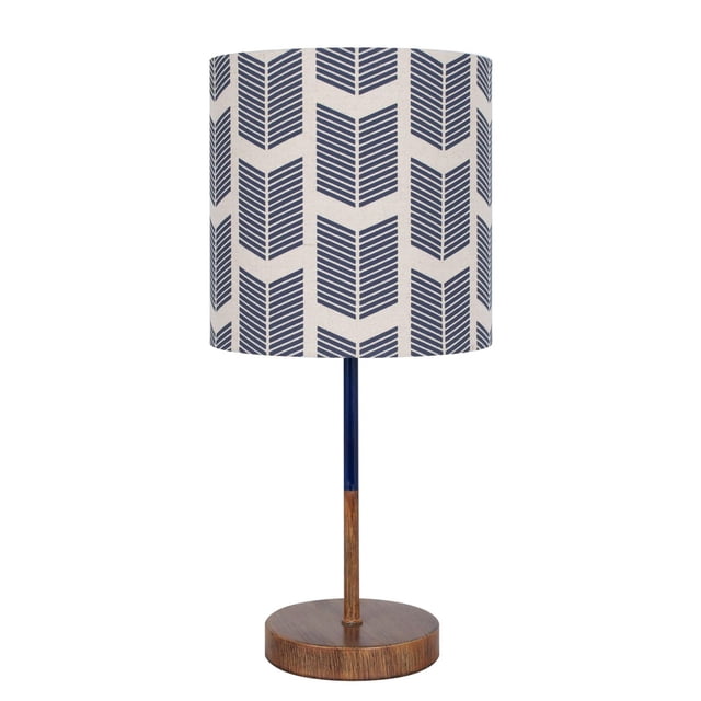 Hometrends Metal stick Table Lamp with a blue arrow pattern printed fabric shade, metal stick base with blue and wood finish, and round wooden base, 17 inches tall, featuring an on/off push through switch, ideal as an accent lamp for living rooms, bedrooms, or offices.