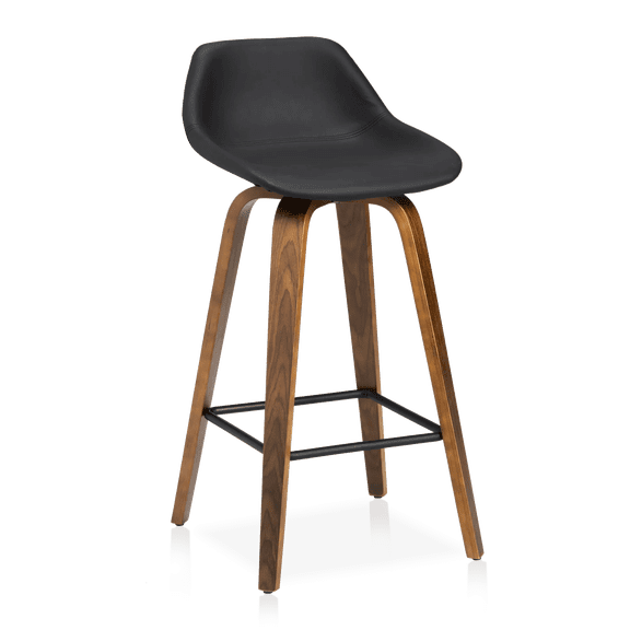 Bouclair Black Faux Leather and Walnut Wood Bar Stool